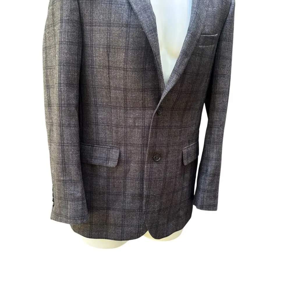 Jos A Bank Sport Coat Sz 42 Long Gray Windowpane Wool Silk Linen Single Breasted